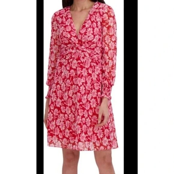 Julia Jordan Floral Long Sleeved Tie Back Dress Red & Pink Chiffon V Neck Sz 8